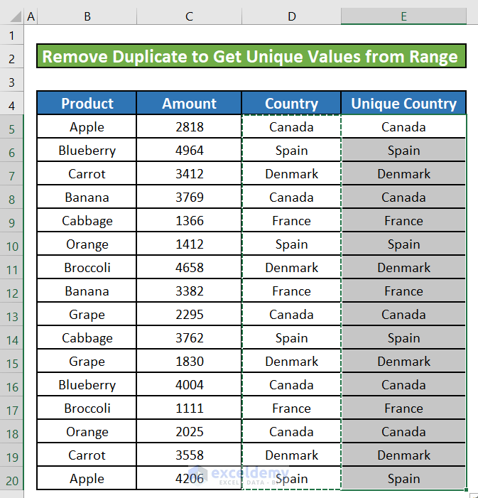 Remove Duplicates in Excel to Get Unique Values in the Range