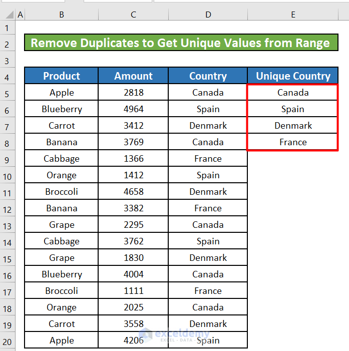 Excel Get Unique Values from Range