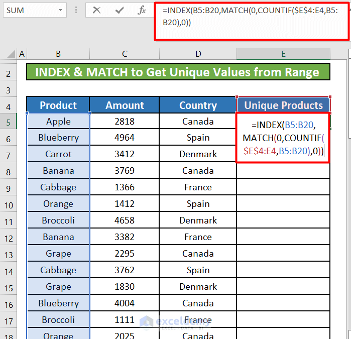 Insert the INDEX and MATCH Formula to Get Unique Values From Range 
