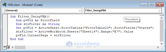 Excel Pivot Table Filter Based on a Cell Value Using VBA