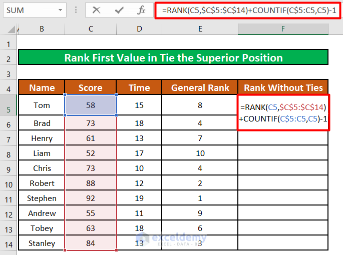 Rank with Ties in Excel 