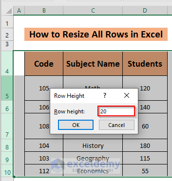 Excel resize all rows by right click
