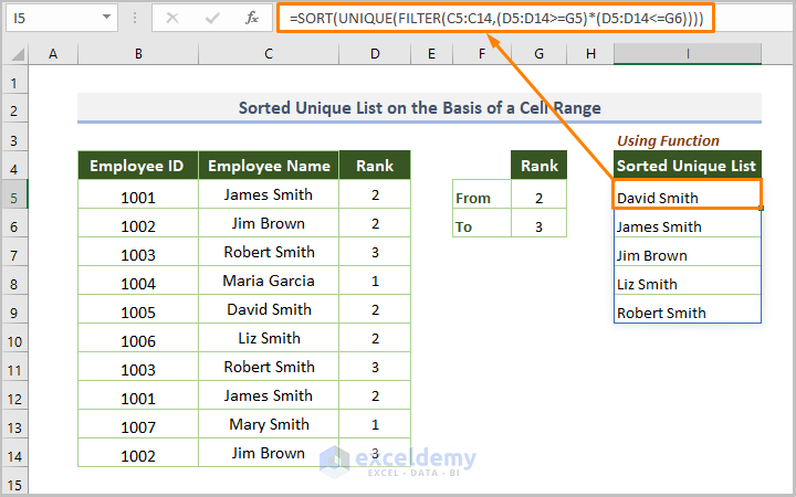 Excel Sort Unique List on the Basis of a Cell Range