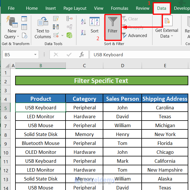 Apply Excel Filter to Filter Specific Text 
