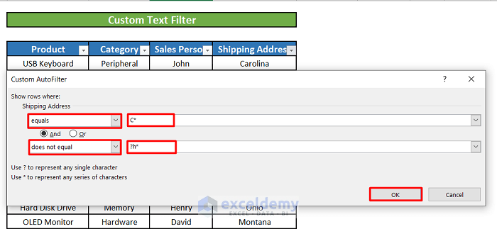Text Filter in Excel 