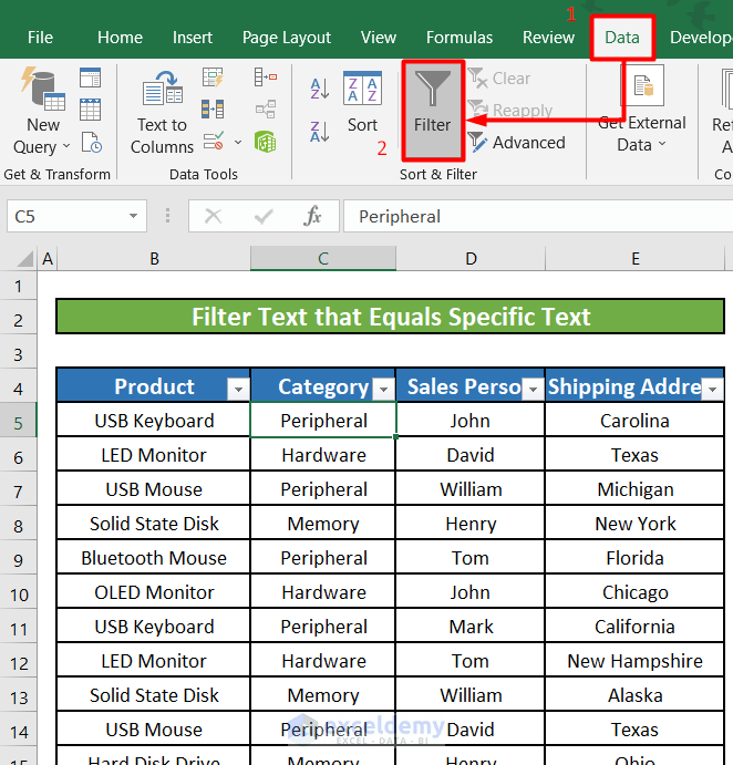 Use the Text Filter to Find Out Values that Equals Specific Text