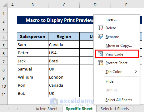 VBA Macro to Display Print Preview for Specific Worksheet in Excel