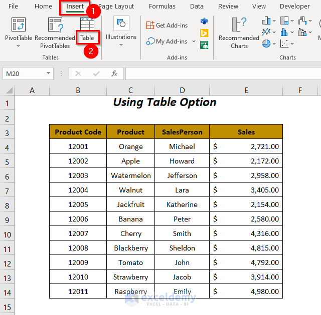 using Table option