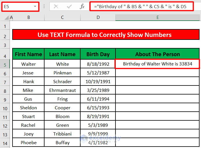 Insert the TEXT Formula in Excel to Correctly Display Numbers in Merged Cells