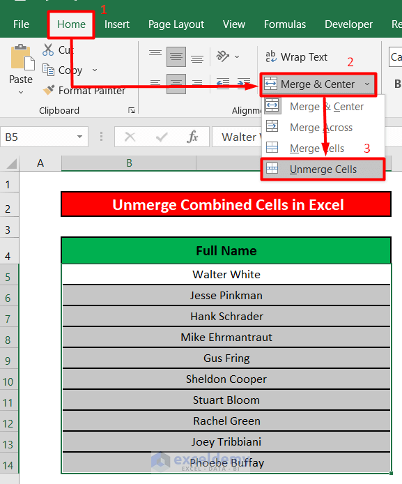 Unmerge the Combined Cells in Excel