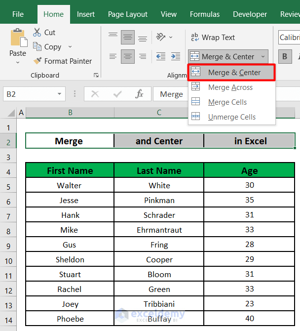 Merge Multiple Cells with Contents Using Merge and Center