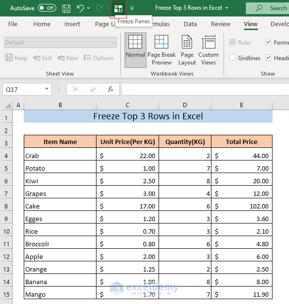 freeze top 3 rows in Excel