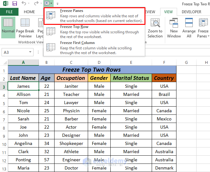 excel freeze top 2 rows using quick access bar