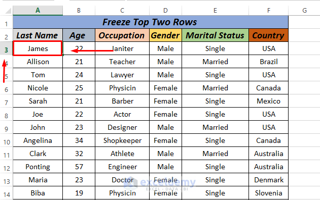 excel freeze top 2 rows by view tab