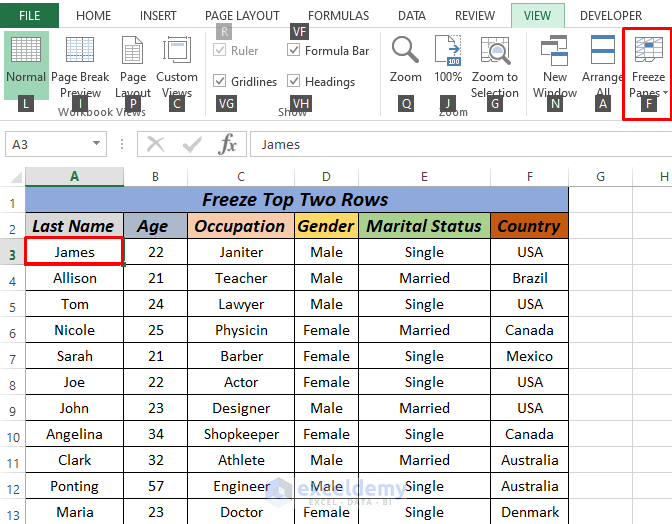 excel freeze top 2 rows by ALT Key