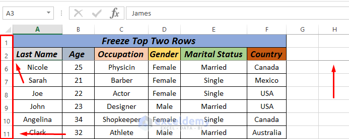 excel freeze top 2 rows using shortcut