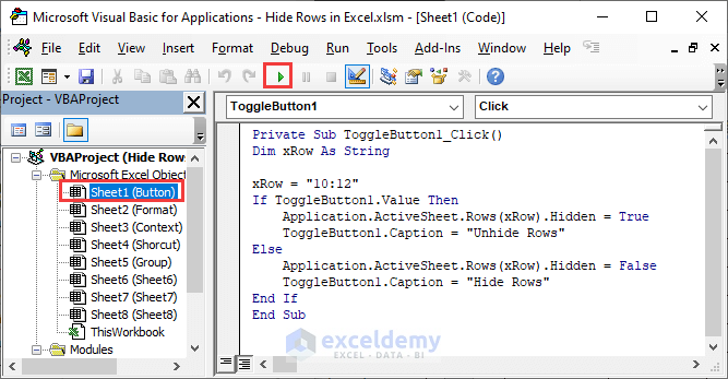 Excel VBA code to hide rows via toggle button