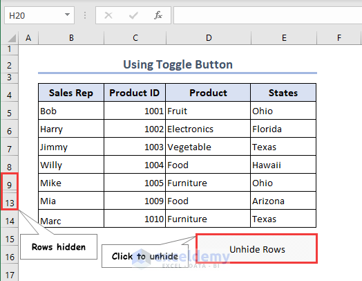 hidden rows via Excel toggle button