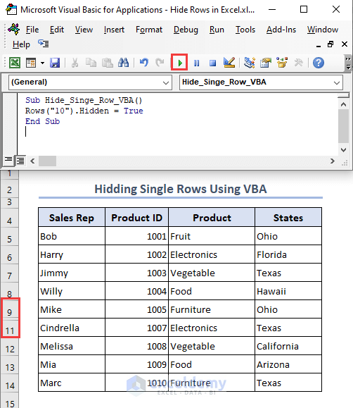 Using Excel VBA to hide single row.