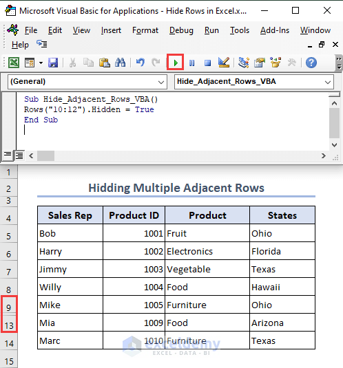 Excel VBA to hide multiple adjacent rows.