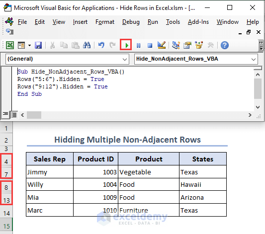 Excel VBA to hide multiple non-adjacent rows.