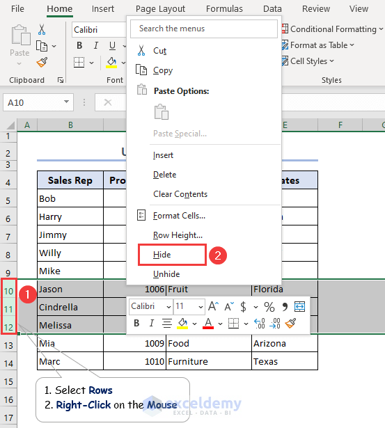 using hide option from the context menu