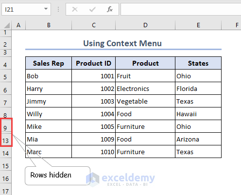 hidden rows in Excel