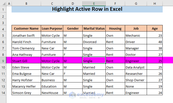 HIGHLIGHT ACTIVE ROW IN EXCEL