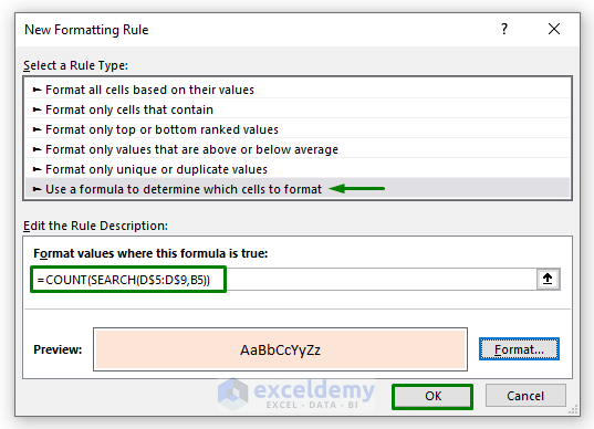 Use COUNT & SEARCH Functions to Highlight Cells that Contain Text from a List