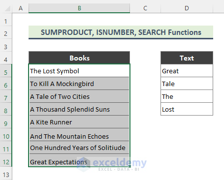SUMPRODUCT, ISNUMBER, and SEARCH Functions Combination to Highlight Cells that Contain Text from a List