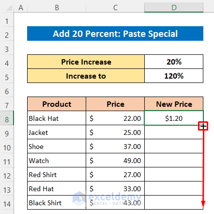 Paste Special to Add 20 Percent to a Price in Excel