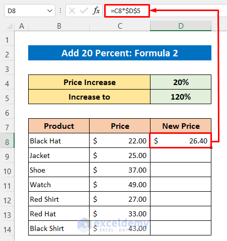 Formula to Add 20 Percent to a Price in Excel