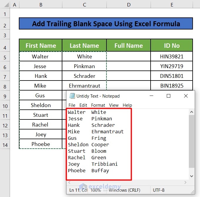 Add Blank Spaces Trailing Text Values in Excel