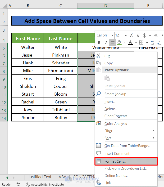 Add Space Between Cell Values and Borders in Excel
