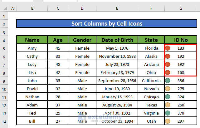 all the cells with the red circle shapes are now on the top of the column in Excel