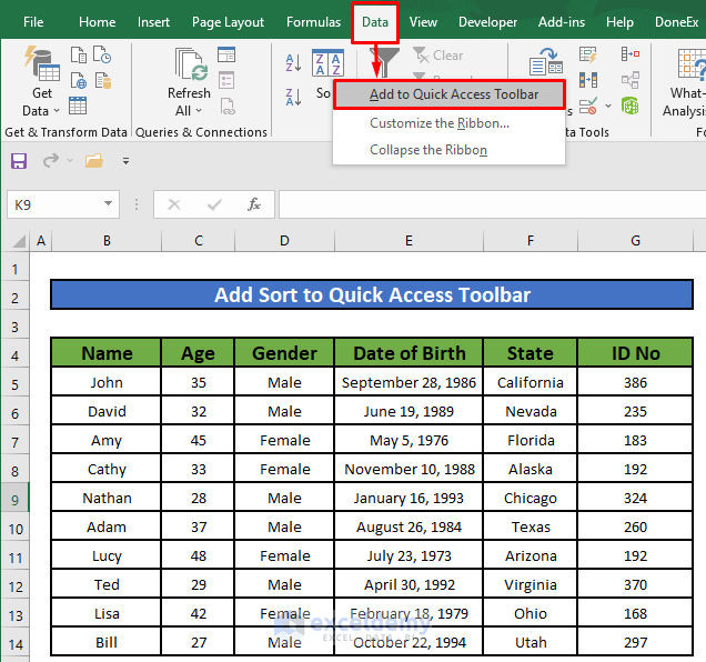 Add Sort Button to Quick Access Toolbar in Excel