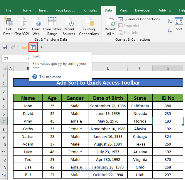 Sort is added to the Quick Access Toolbar in Excel