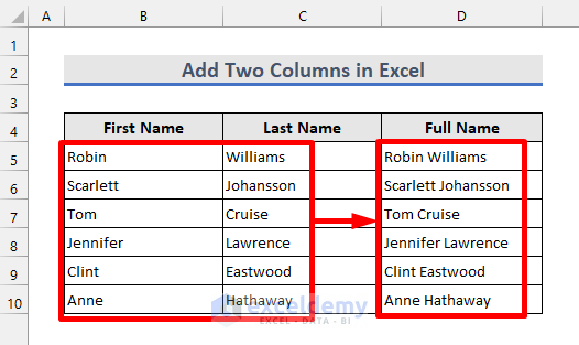 two columns added in excel