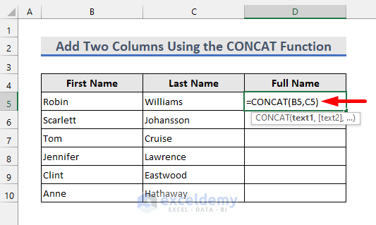 enter formula with concat function to add two columns