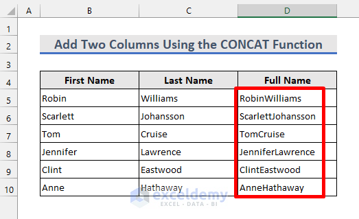 two columns added using the concat function