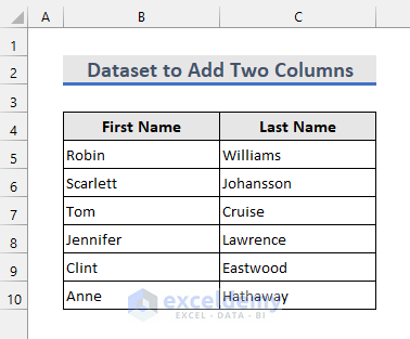dataset to add two columns in excel