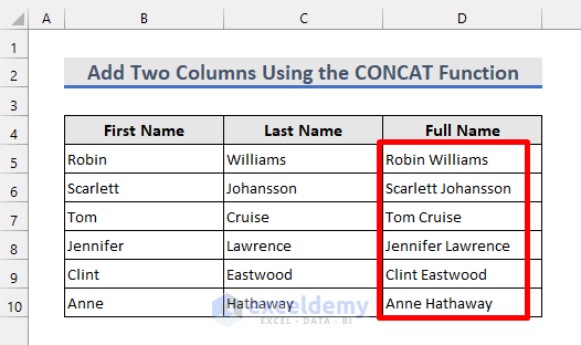 result shows two columns in excel are added together with a space in between them