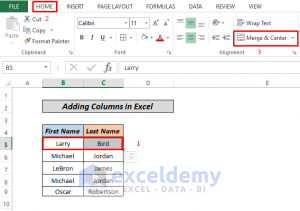 Add two columns using merge and centre option