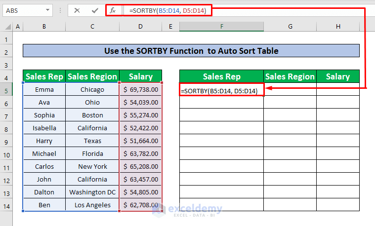 Use the SORTBY Function to Auto Sort Table in Excel