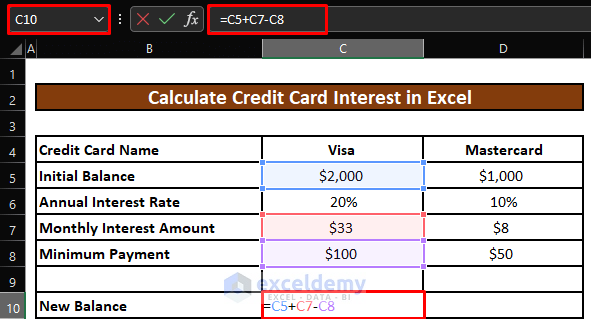 Find Out the New Balance to be Paid in Excel to Calculate Credit Card Interest