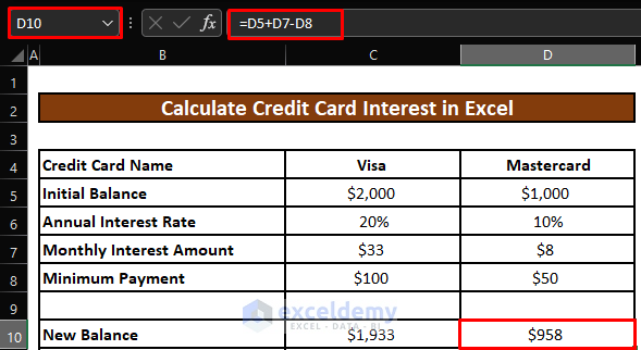 Find Out the New Balance to be Paid in Excel to Calculate Credit Card Interest