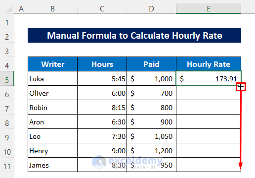 Manual Formula to Calculate Hourly Rate in Excel