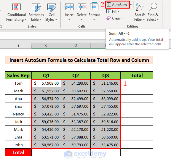 Insert the AutoSum Formula to Calculate Total Row and Column in Excel