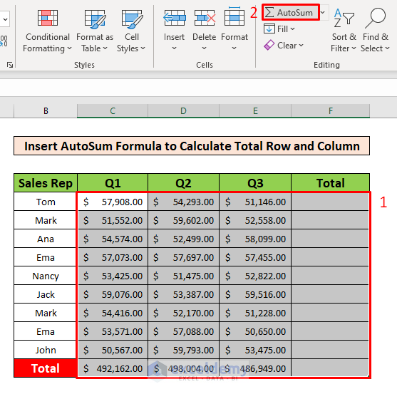 Insert the AutoSum Formula to Calculate Total Row and Column in Excel