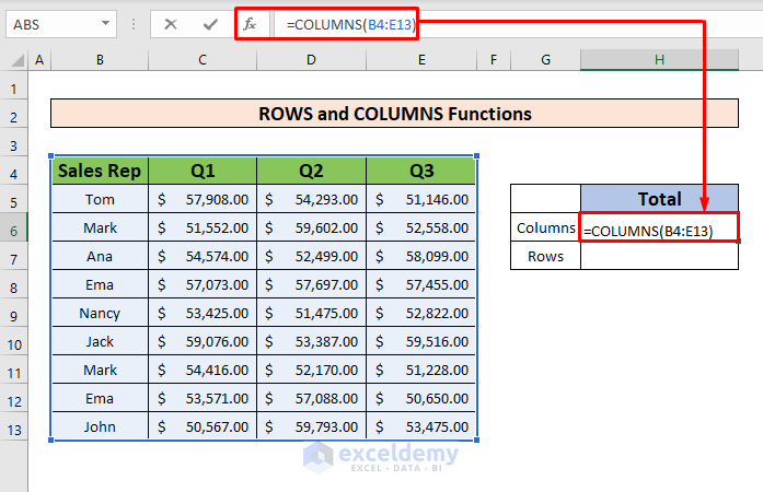 Apply the ROWS and COLUMNS Formula to Calculate Total Row and Column in Excel